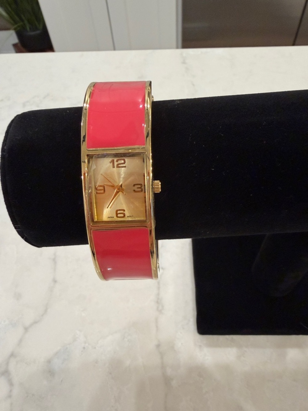 Chico's Gold-Tone Bangle Watch with Coral Panels